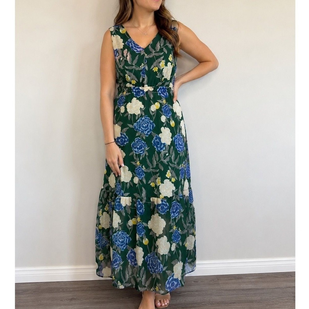 Merona Green Floral Sleeveless V-Neck Maxi Dress Size S